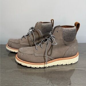 Irish Setter Taupe Lace-Up Moc Toe Boots with Cream Sole and Orange Welt